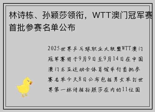 林诗栋、孙颖莎领衔，WTT澳门冠军赛首批参赛名单公布